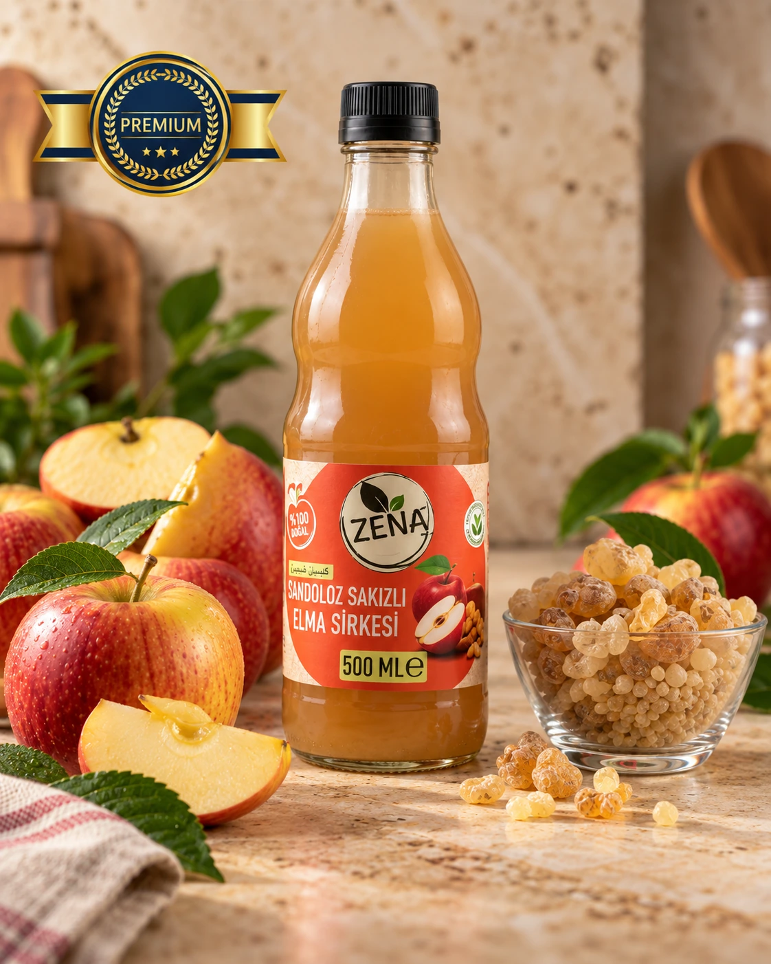 Zena Sandaloz Sakızlı Elma Sirkesi 500 ml şişesi.