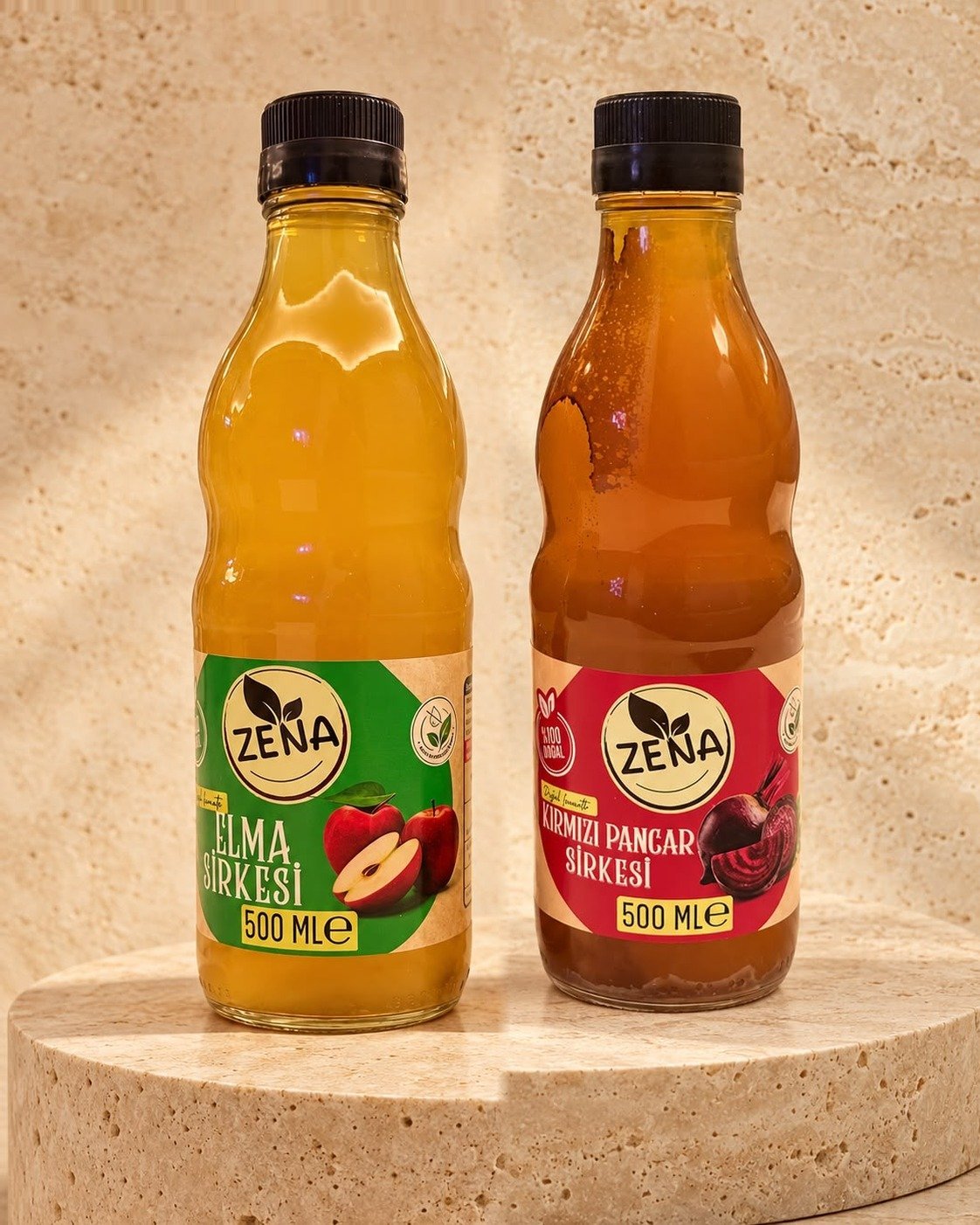 Zena Elma Sirkesi ve Kırmızı Pancar Sirkesi ikili set, 2 × 500 ml cam şişe
