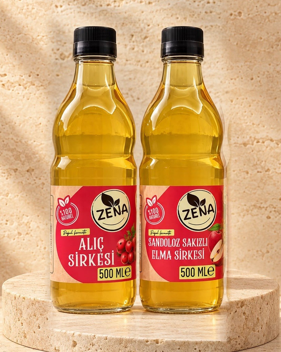Zena Alıç Sirkesi ve Sandaloz Sakızlı Elma Sirkesi ikili set, 2 × 500 ml cam şişe